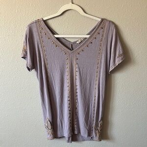 Soft Surroundings purple boho beaded v-neck short sleeve top